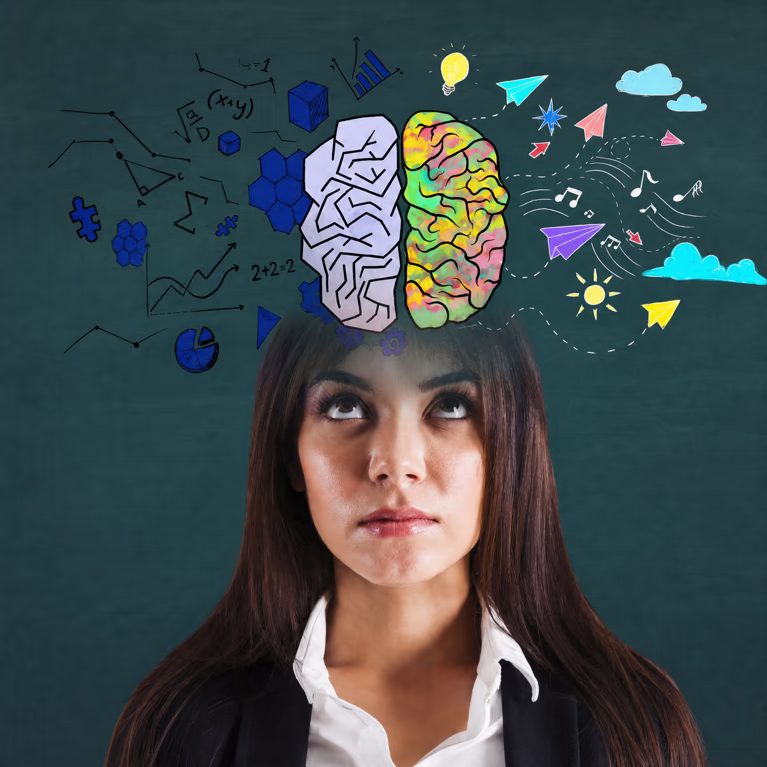 Woman looking up at a colorful brain illustration representing ADHD, focus, and attention
