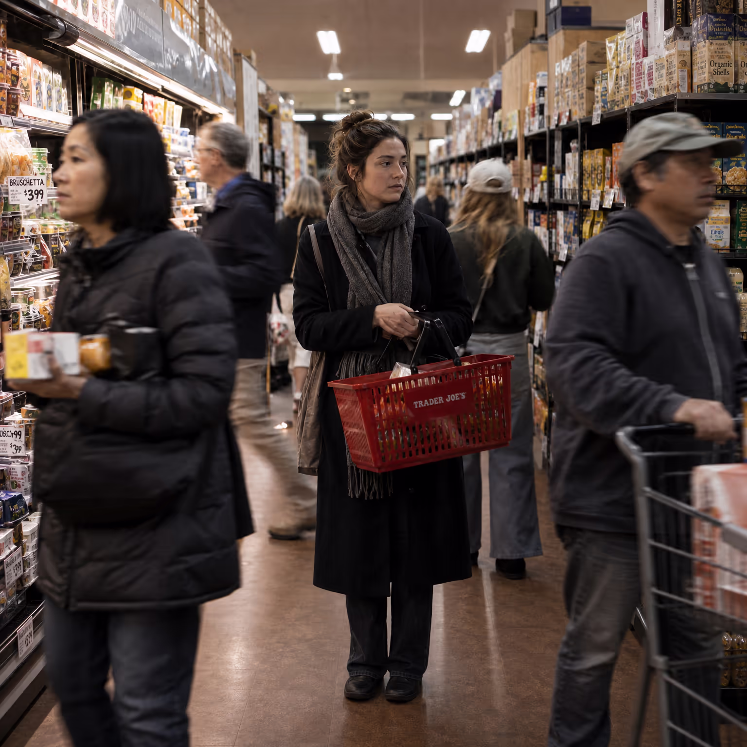 Woman feeling anxious in a crowded grocery store aisle