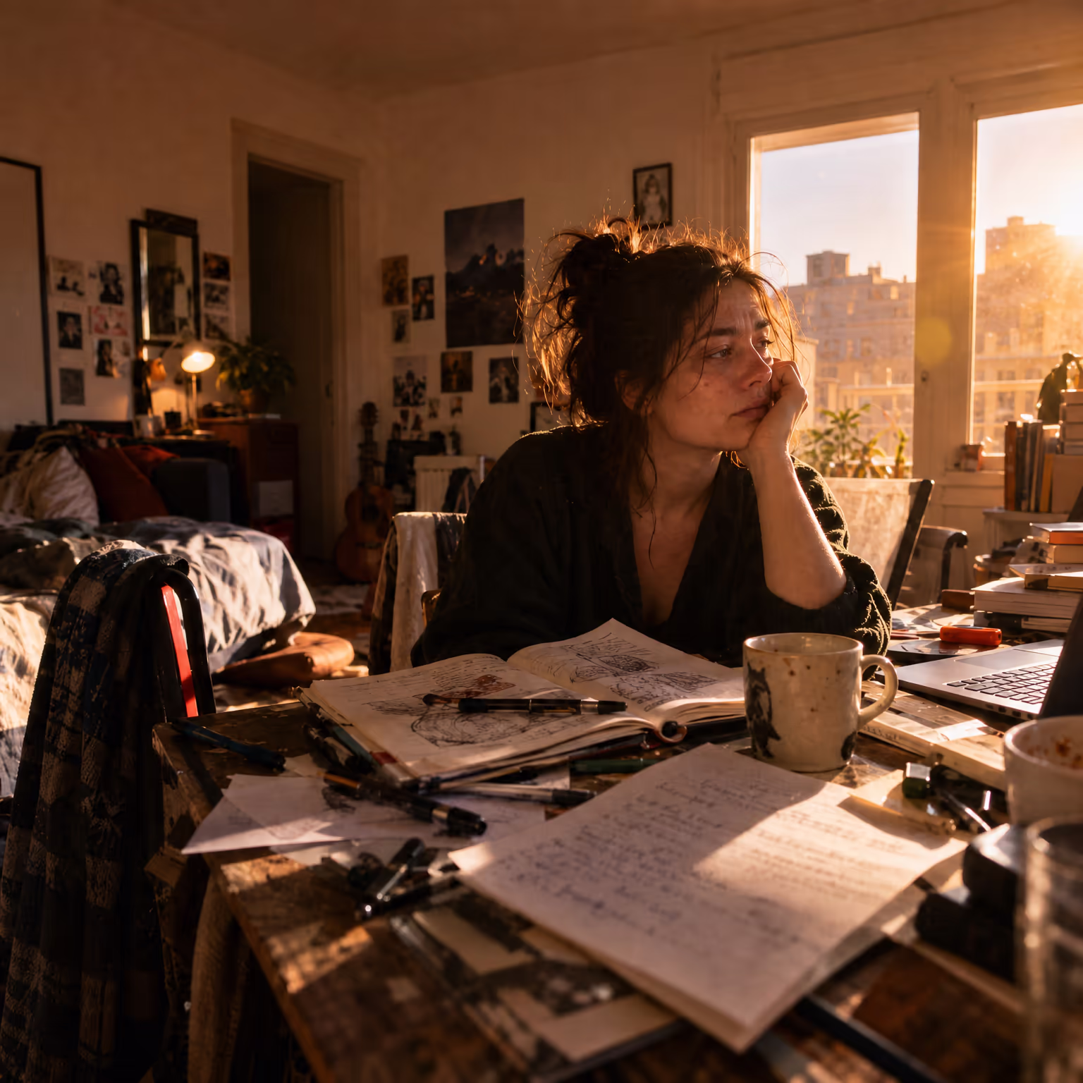 Woman resting her head on her hand at a cluttered desk beside a sunlit window
