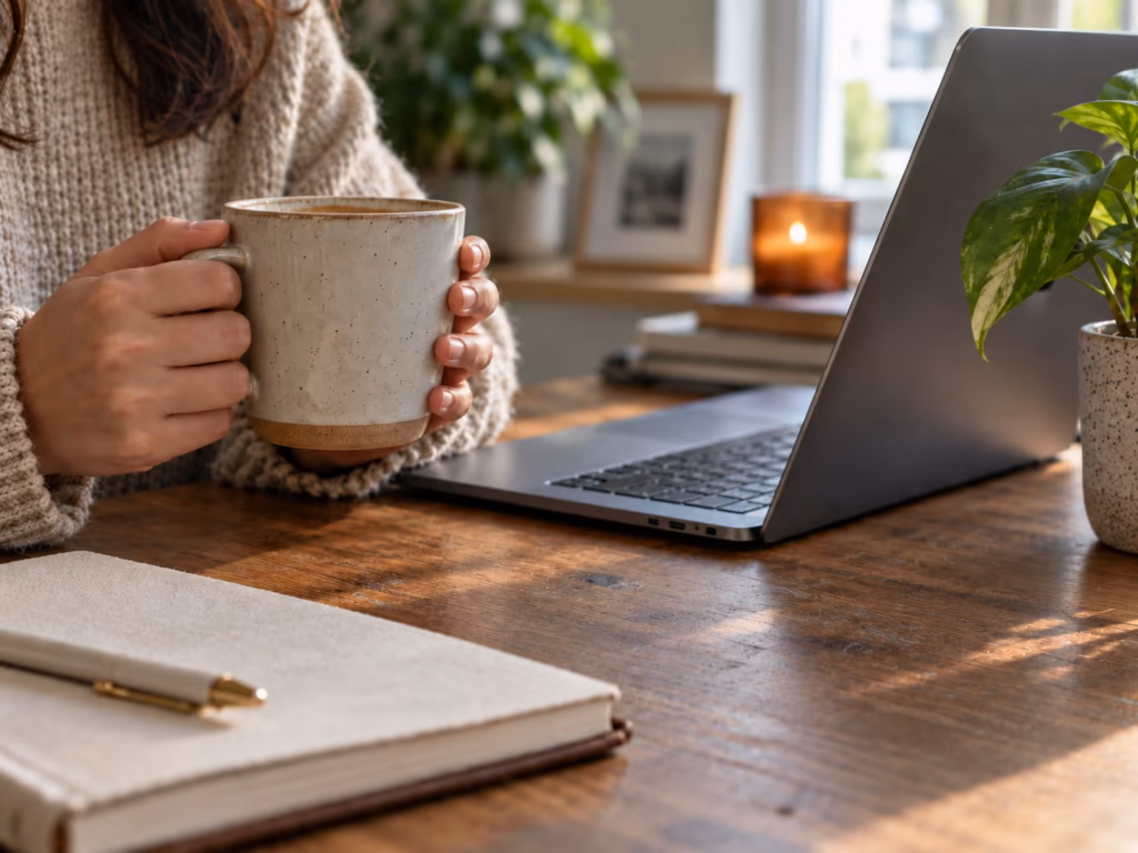 Person holding a ceramic mug beside a laptop and notebook on a wooden desk