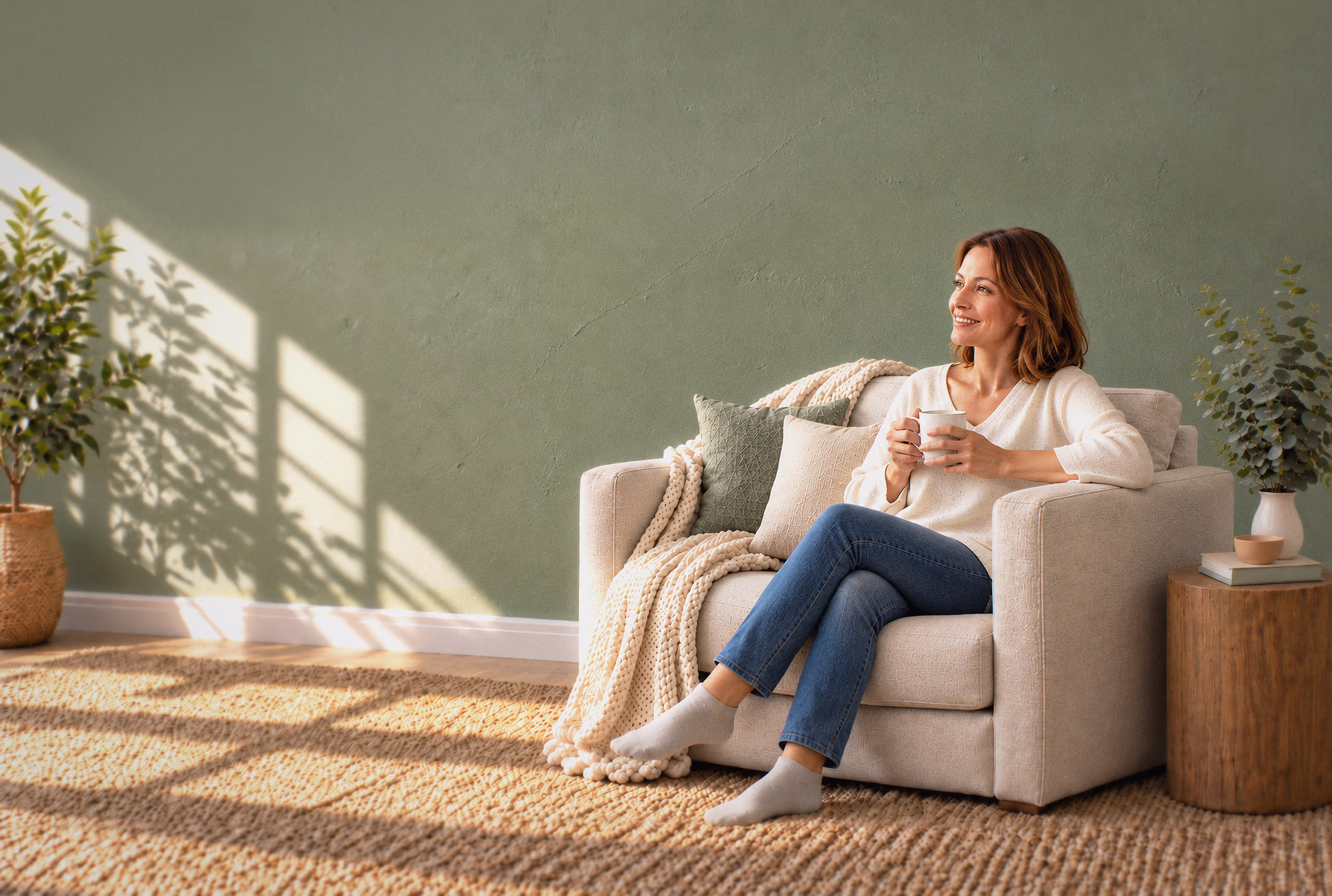 Woman relaxing on a sofa in a sunlit living room