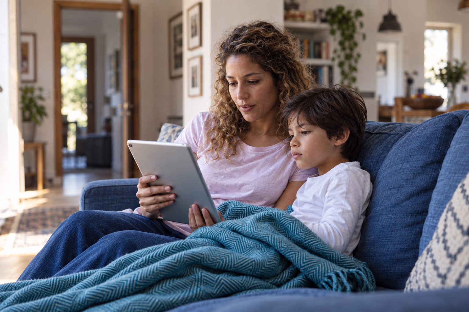 A mother and her child looking at a tablet together on the couch