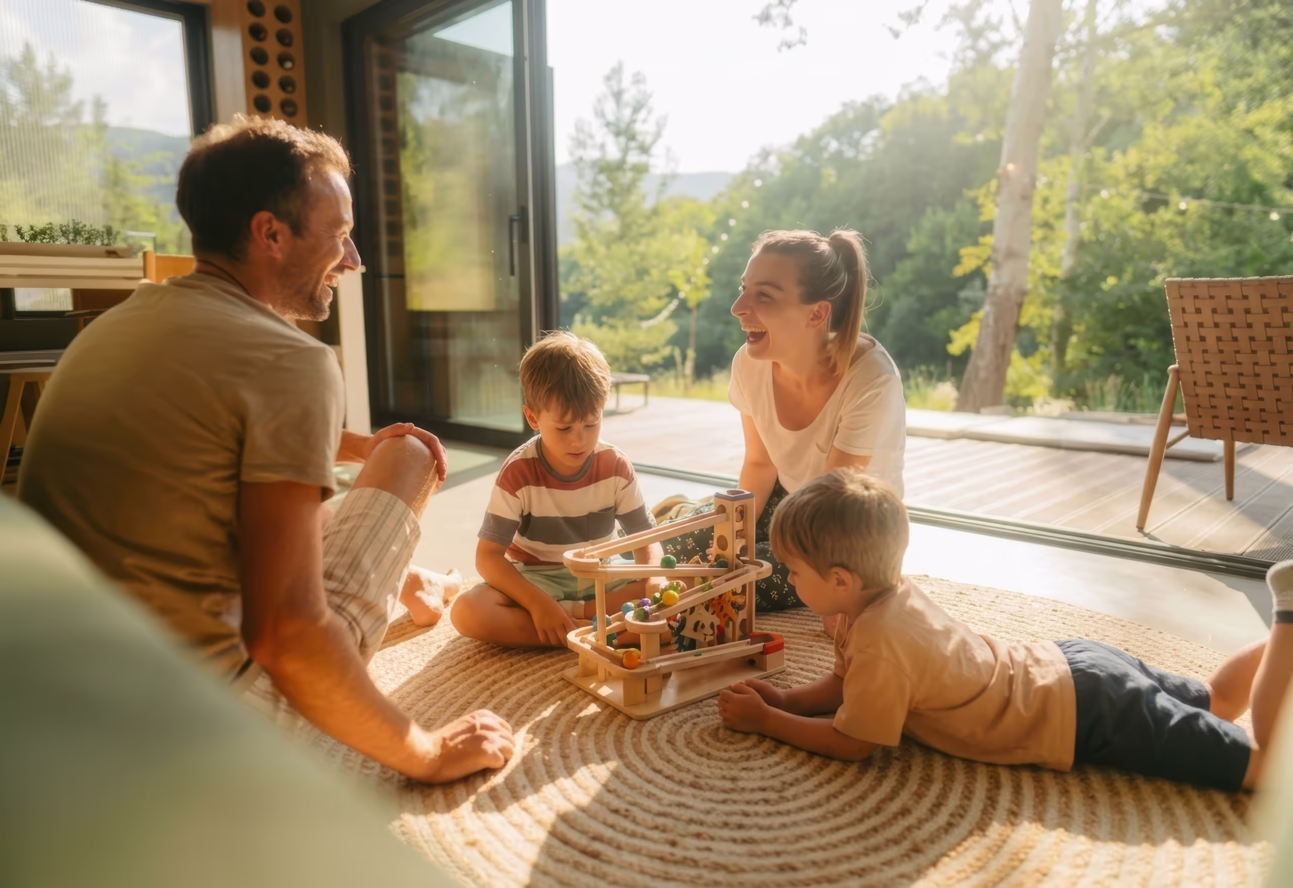 A family playing together on the floor at home